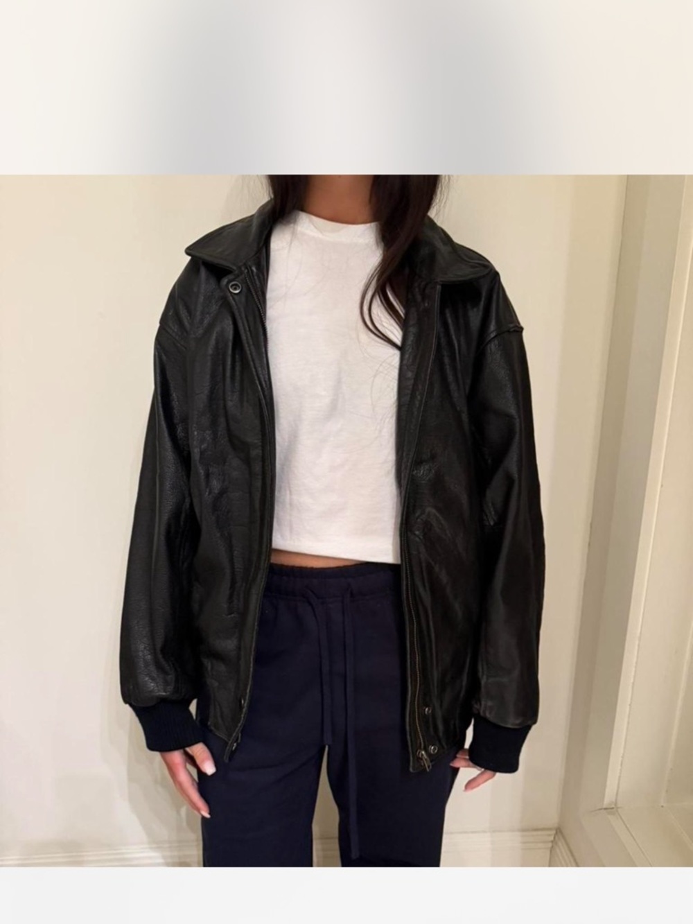 Black Leather Bomber Jacket - Women